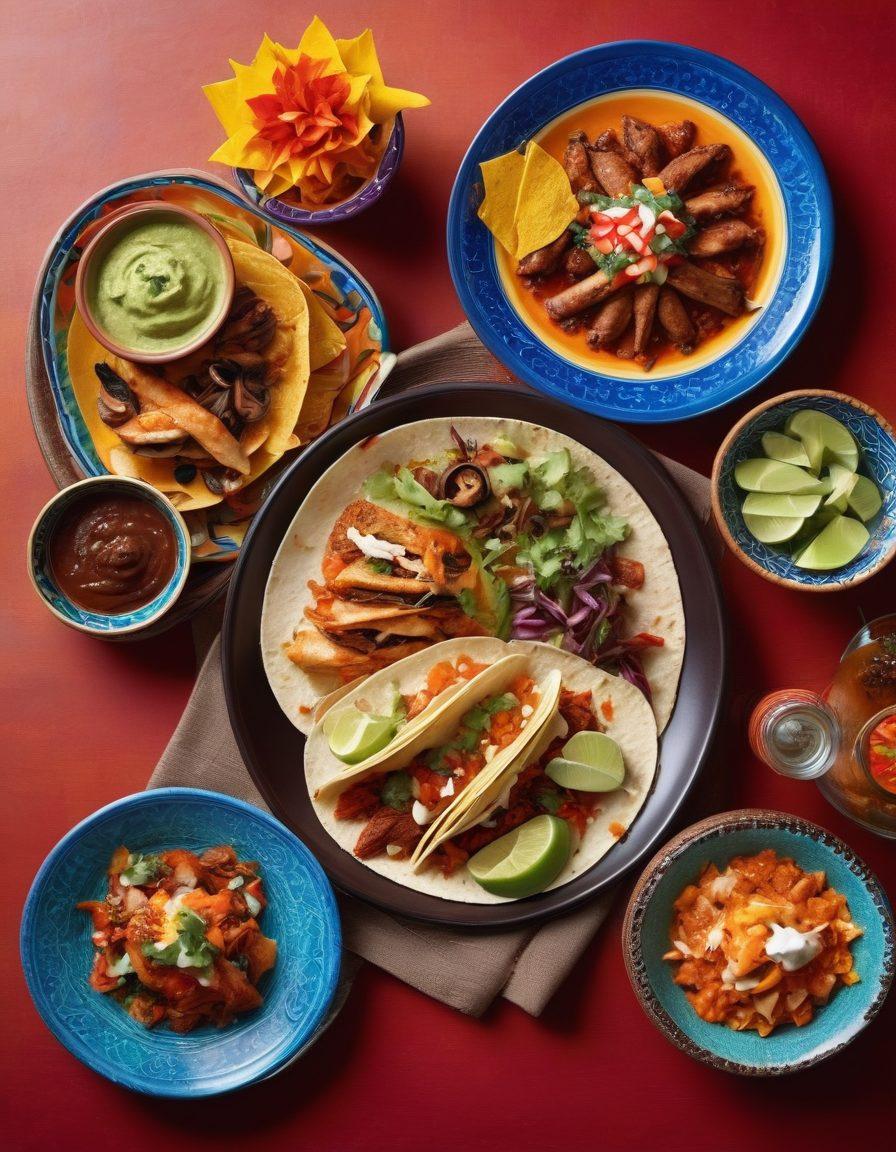 A vibrant table setting showcasing a fusion of family-friendly Mexican dishes, like tacos and enchiladas, alongside elegant fine dining plates featuring gourmet mole and seafood. Adorned with colorful papel picado and traditional pottery, capturing the essence of Mexican culture. The background should reflect a lively Mexican restaurant atmosphere with lively colors and textures. super-realistic. vibrant colors. intricate details.