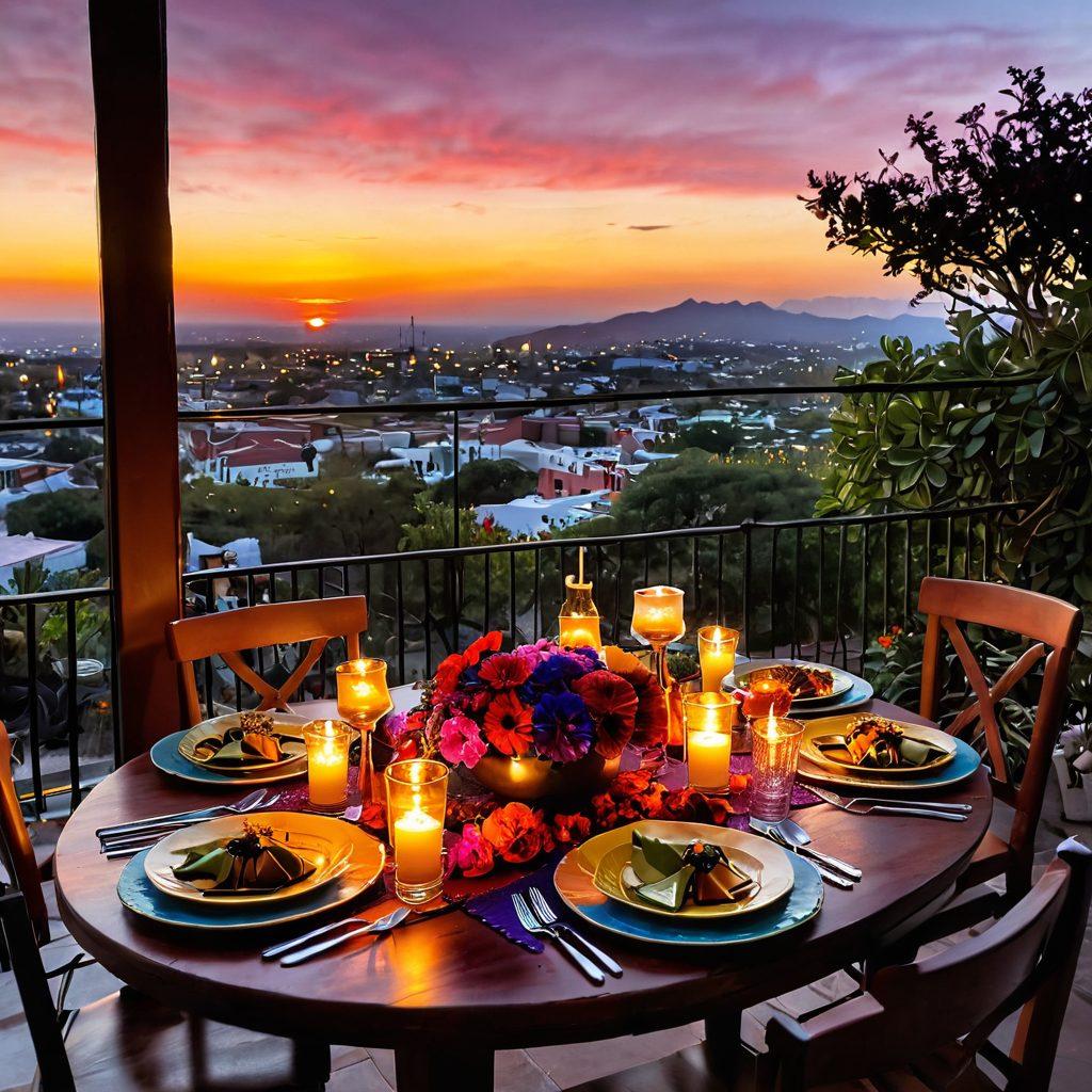 A beautifully set dining table adorned with colorful traditional Mexican decorations, featuring vibrant flowers, candles, and a stunning view of a sunset. Plates filled with romantic Mexican dishes like mole and enchiladas create an inviting atmosphere, while two glasses of red wine toast in the foreground. Soft fairy lights illuminate the scene, enhancing the warm and intimate vibe. super-realistic. vibrant colors. warm lighting.