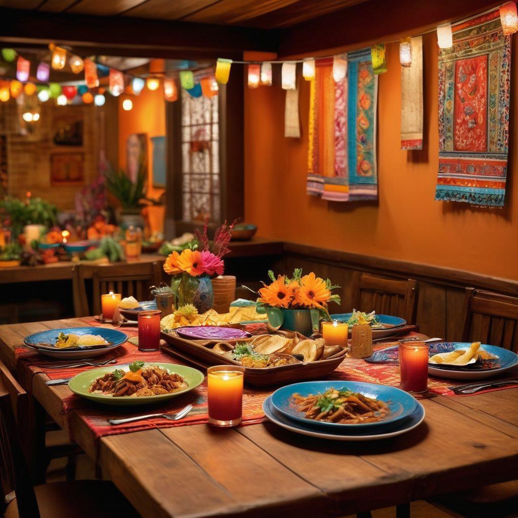 A beautifully set dining table showcasing a variety of authentic Mexican dishes like tacos, enchiladas, and churros, surrounded by vibrant, colorful decorations such as papel picado banners and traditional ceramics. Warm ambient lighting enhances the inviting atmosphere, while fresh ingredients like cilantro and lime are artfully arranged nearby. A rustic wooden table adds authenticity, creating a heartwarming scene of cultural dining experience. super-realistic. vibrant colors. soft lighting.